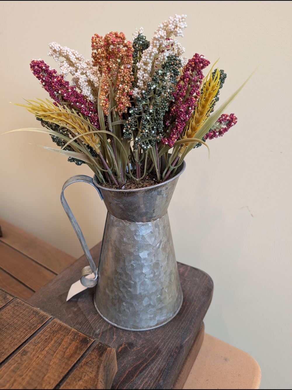 Decorative Pink, Green & Cream Faux Floral Arrangement in Metal Pitcher